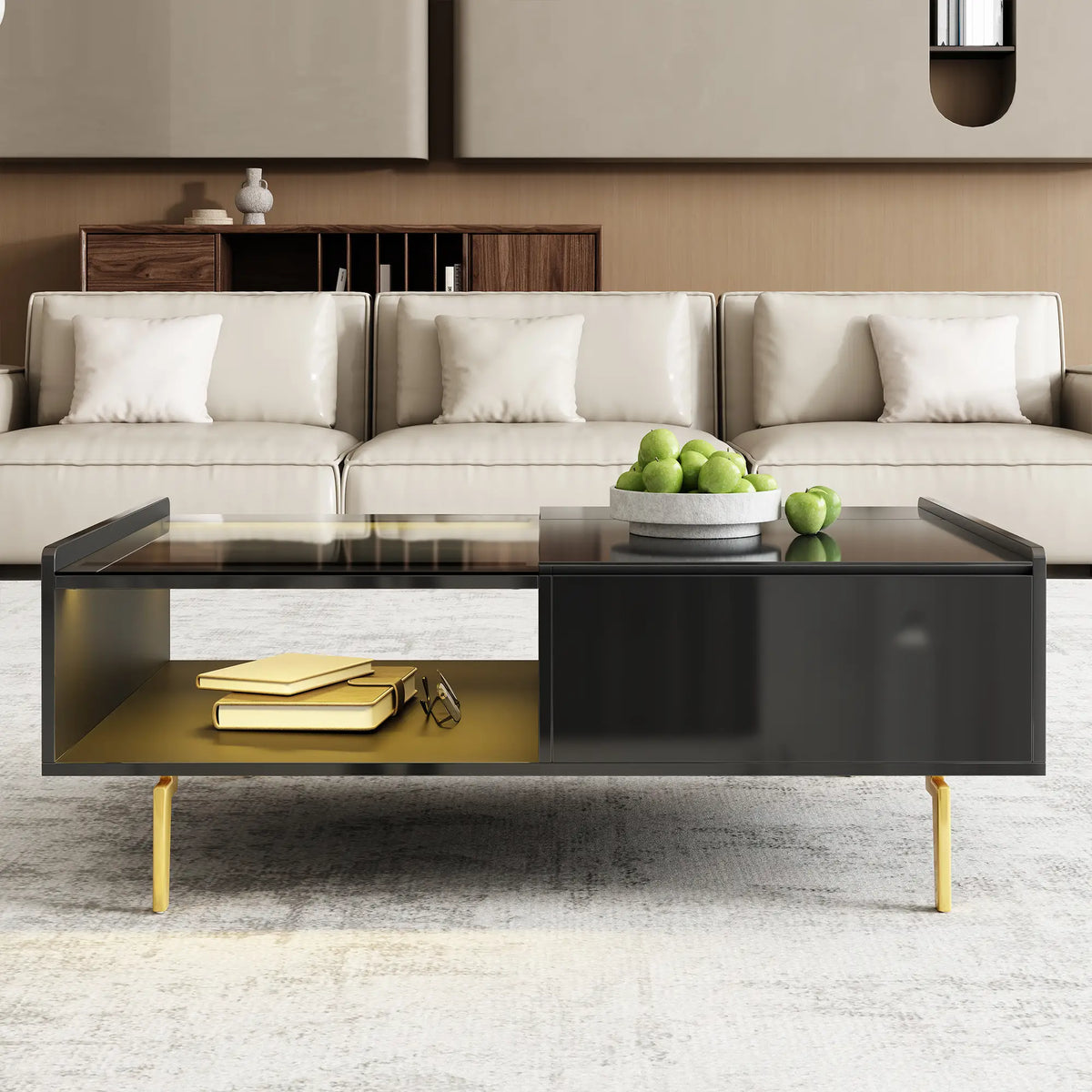LED Coffee Table, Glass Top, Adjustable Height, Storage, 43.5" L x 21.5" W x 15.5" H, Black Coffee Tables at Gallery Canada