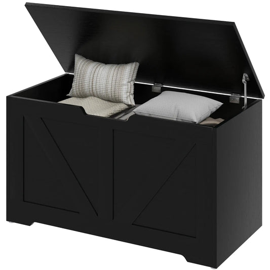 31.5 Inches Storage Chest, Wooden Box with Safety Hinges, Wood Grain, Black Storage Cabinets Black Wood Grain at Gallery Canada