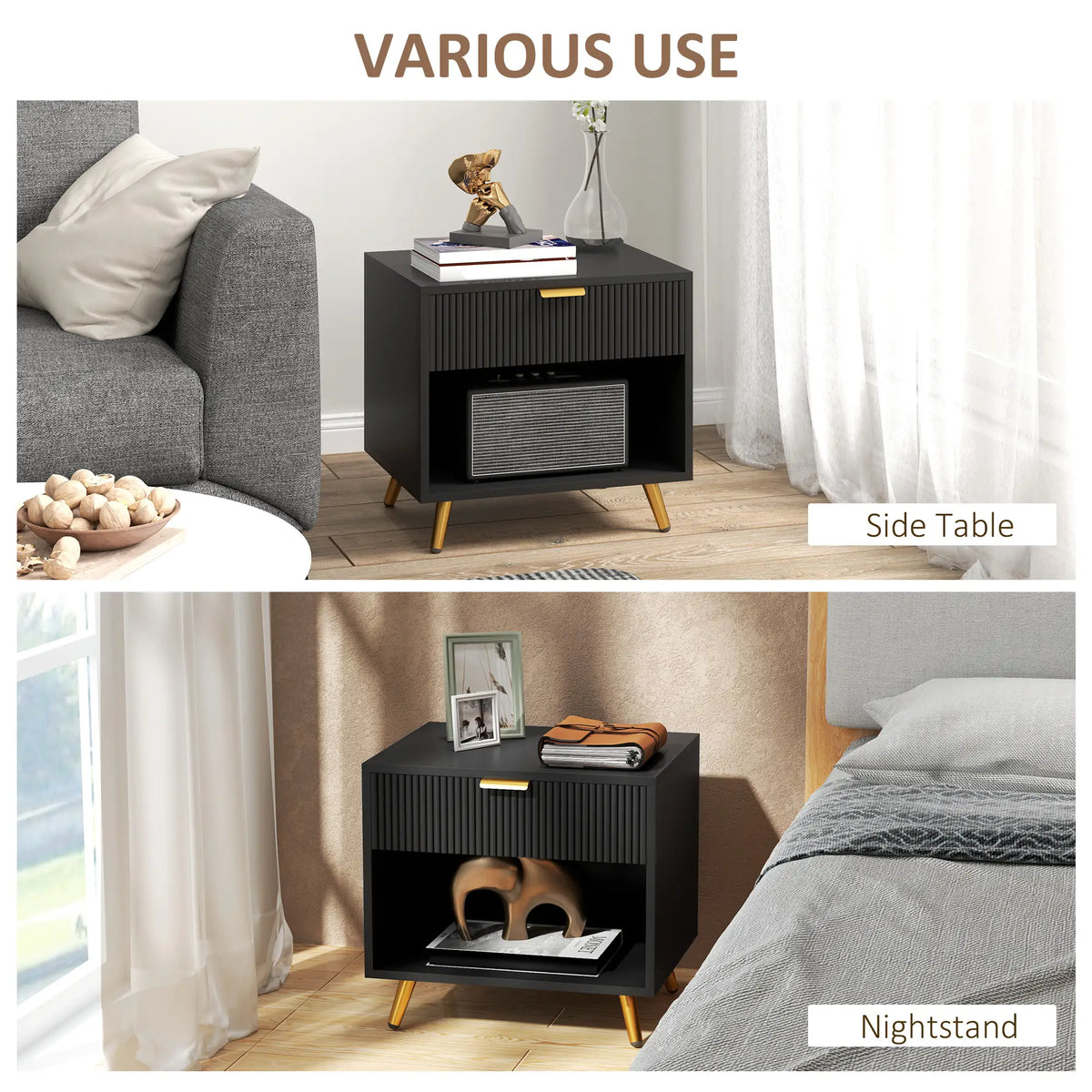 Modern Nightstand with Drawer, Open Compartment, Black Bedside Tables at Gallery Canada