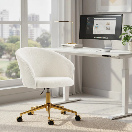 Office Chair, Teddy Fleece Upholstered Vanity Desk Chair, Cream White Task Chairs Cream at Gallery Canada