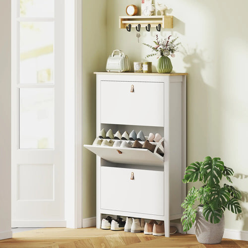 Narrow 3-Flip Drawer Shoe Cabinet, Adjustable Shelves, White