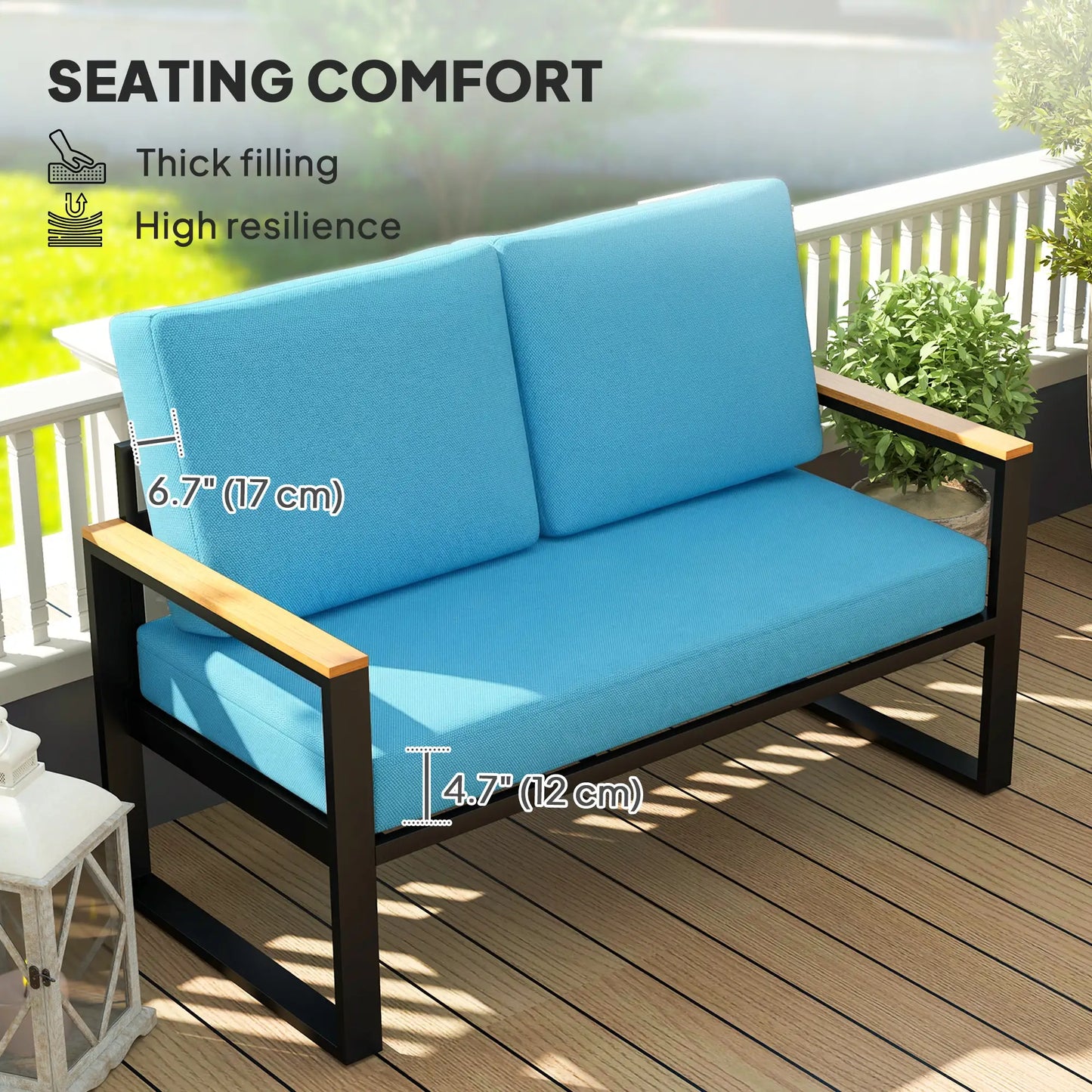 2 Seater 5" Thick Outdoor Seat Cushions, 7" Backrest, Turquoise Patio Chair Cushions at Gallery Canada