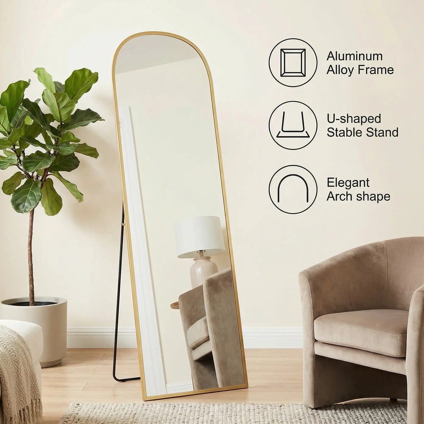 Arched Standing Mirror, 64" x 20", Full Length, Wall Mountable, Gold Full Length Mirrors at Gallery Canada