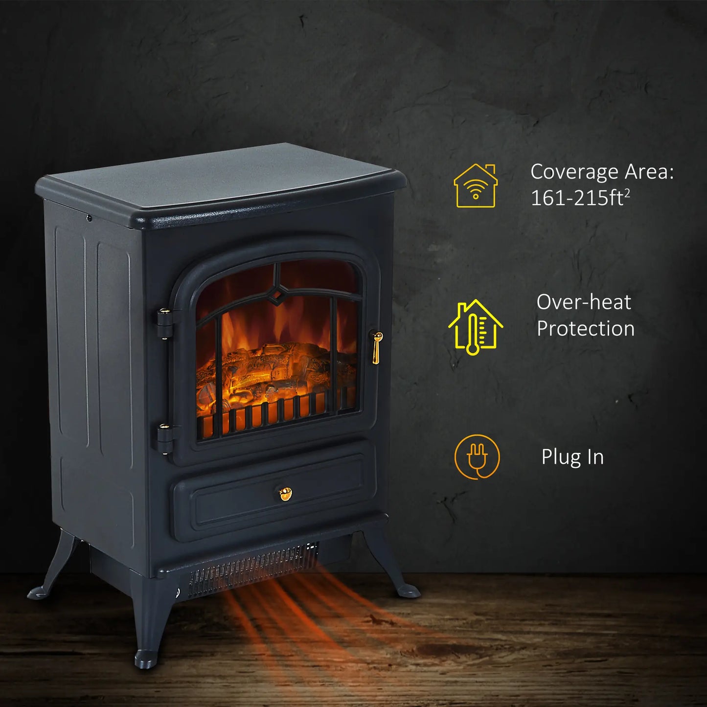 16" Freestanding Electric Fireplace Heater, Wood Flame, 750/1500W, Black Electric Fireplaces at Gallery Canada