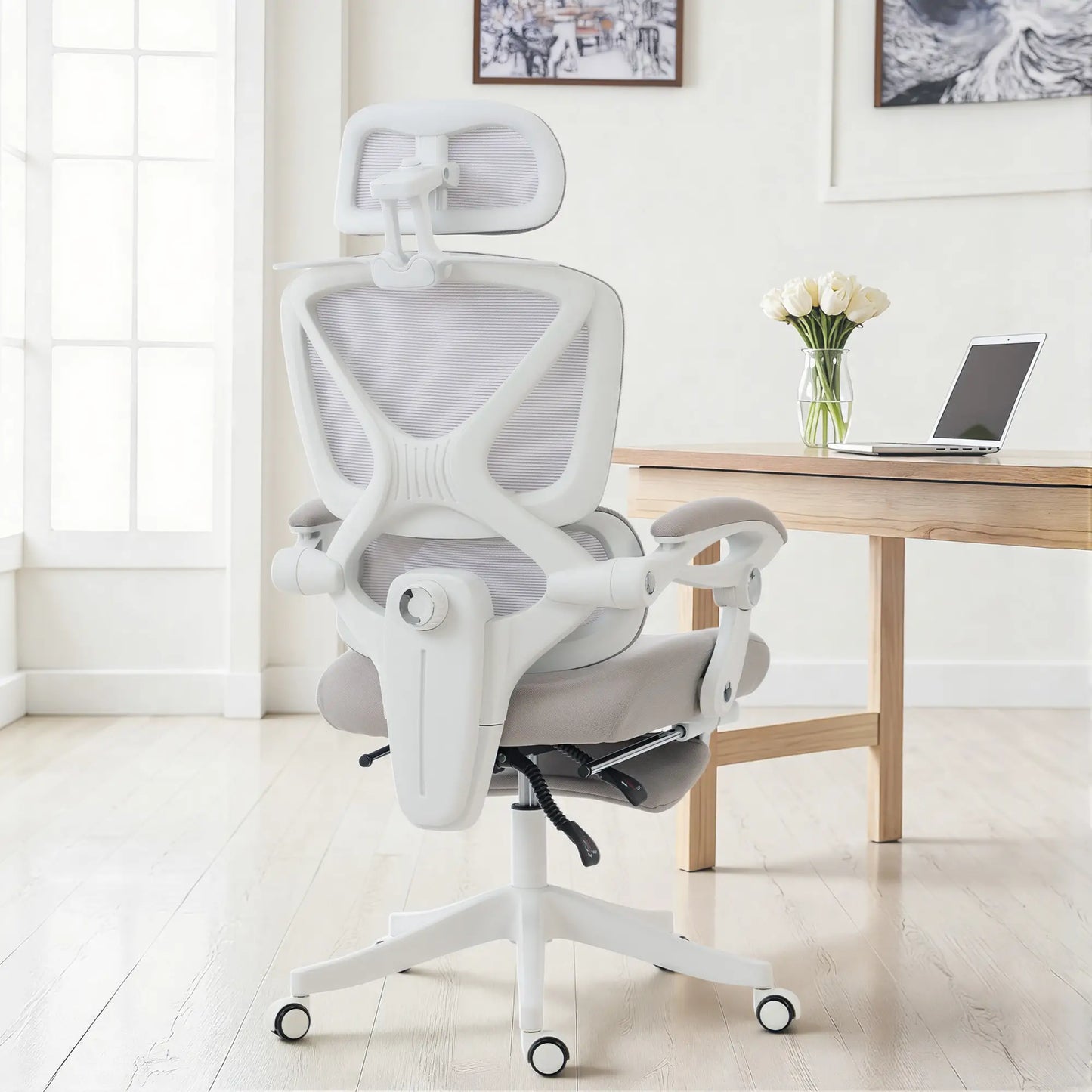 Mesh Desk Chair With Adjustable Headrest, Light Grey Task Chairs at Gallery Canada