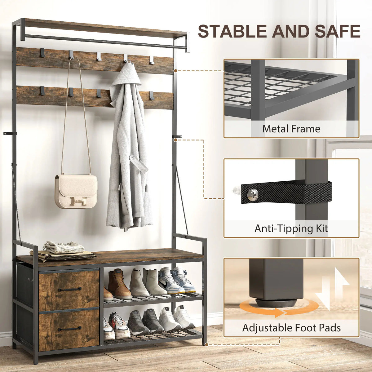 6-In-1 Hall Tree, Bench with Shoe Storage, 10 Hooks, 2 Fabric Drawers, Rustic Brown Clothing Storage at Gallery Canada