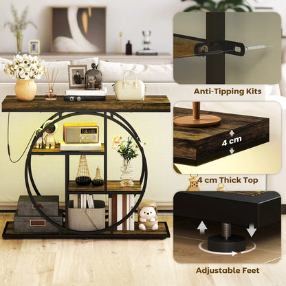 4-Tier Console Table With Charging Station, LED Lights, 39", Rustic Brown