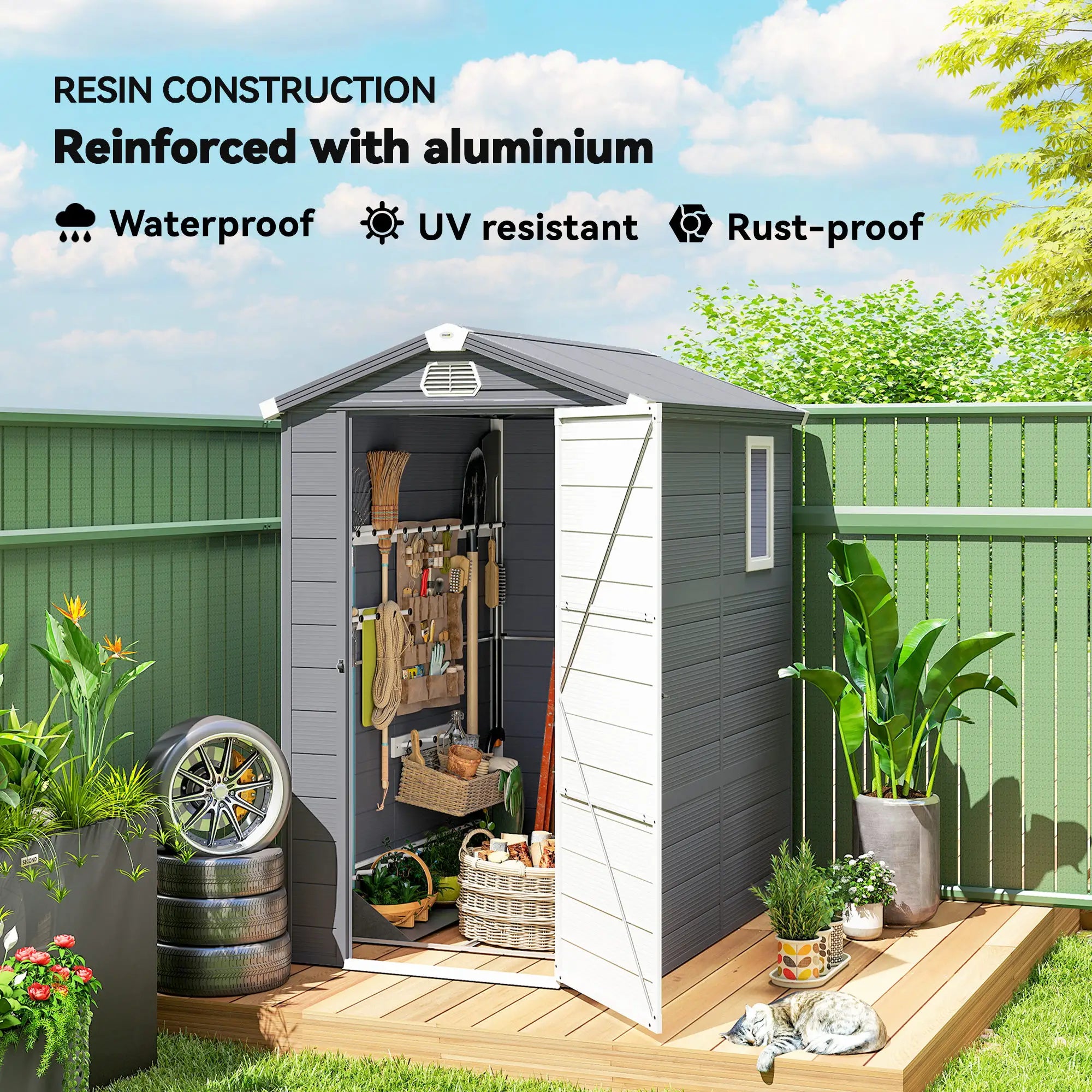 4.5' x 6' Plastic Garden Storage Shed, Latch Door, Vents, Dark Grey Sheds at Gallery Canada