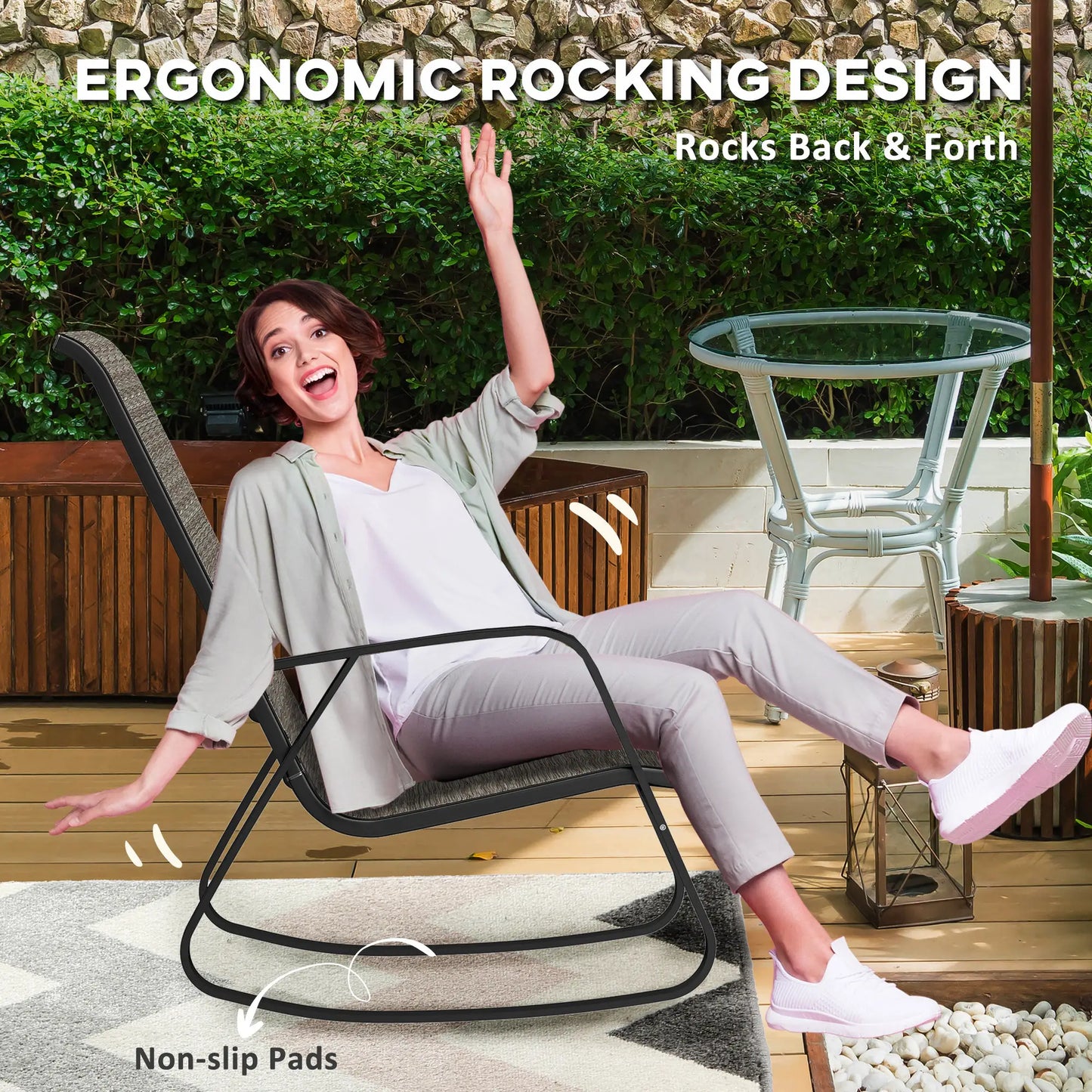 Set of 2 Patio Rocking Chairs, High Backrest, Armrests, Light Brown Outdoor Rocking Chairs at Gallery Canada