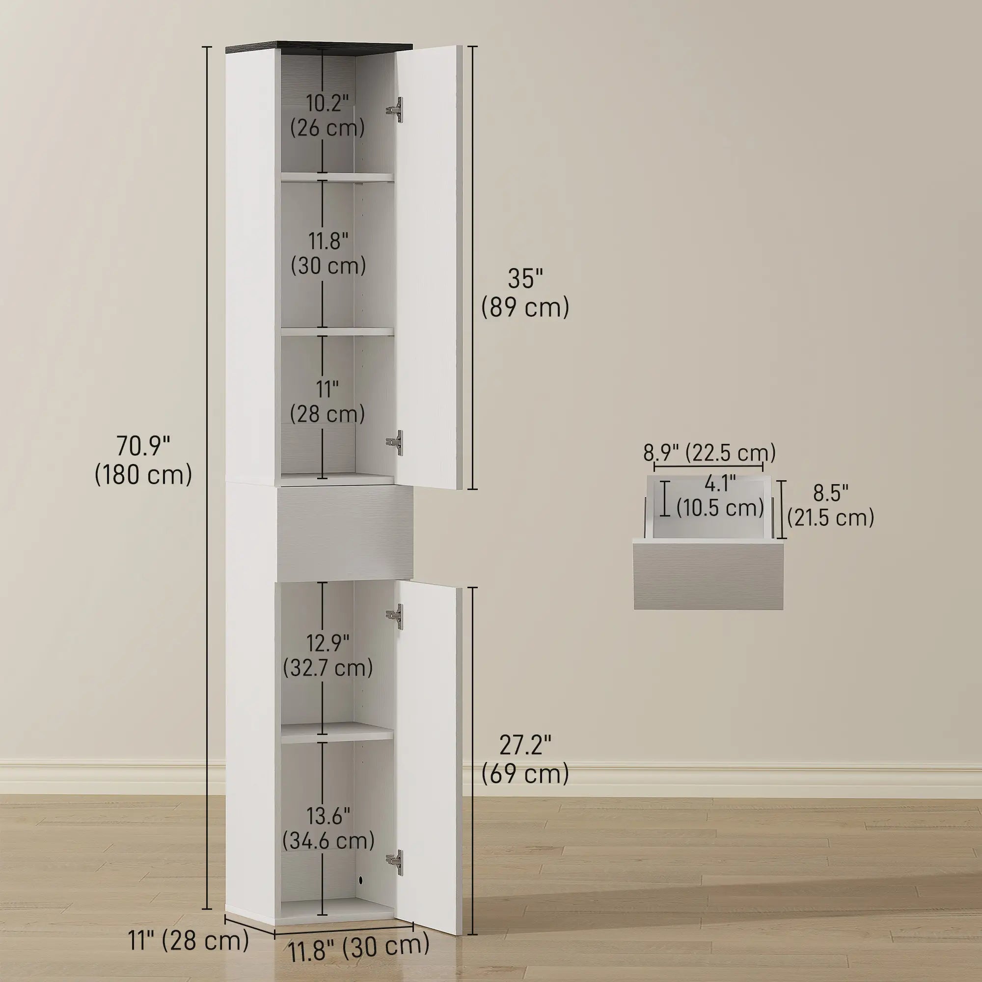 Tall Bathroom Cabinet, 2 Cupboards And Drawer, Adjustable Shelves, White Freestanding Bathroom Cabinets at Gallery Canada