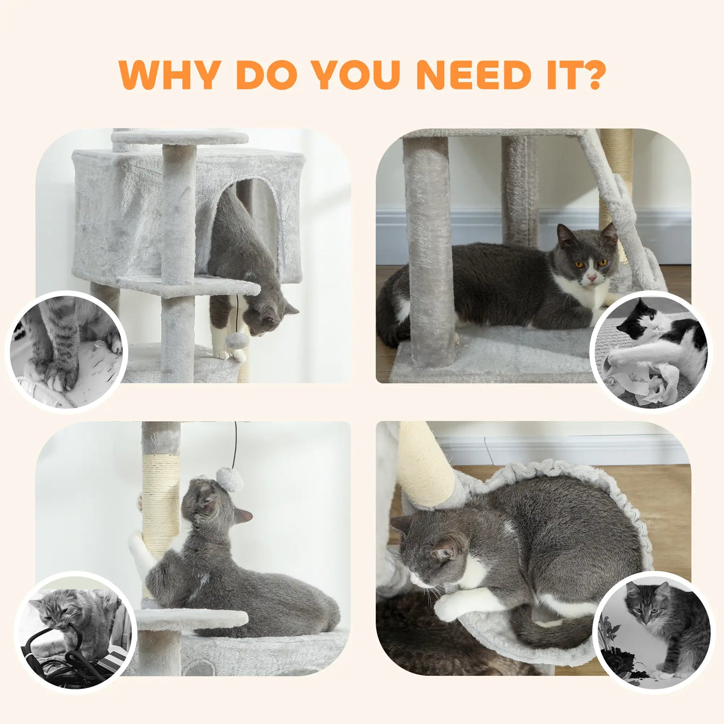 63 Inch Cat Tree, Sisal Scratching Posts, Condos, Plush Perches, Hammock, Ladder, Dangling Balls, Light Grey Cat Towers at Gallery Canada