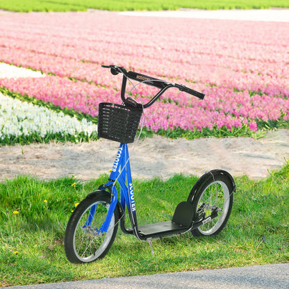Kids Kick Scooter, Adjustable Handlebar, 2 Brakes, Basket, Cupholder, 16" Inflatable Tyres, Blue Scooters at Gallery Canada