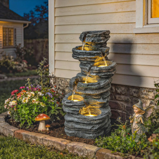 Outdoor 6-Tier Water Fountain, Waterfall With LED Lights, Resin Feature, Grey Water Fountains Grey at Gallery Canada