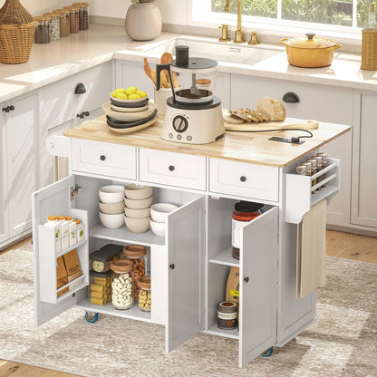 Kitchen Island on Wheels, Drop Leaf, Charging Station, Wood Top, Adjustable Shelf, White Kitchen Islands & Kitchen Carts at Gallery Canada