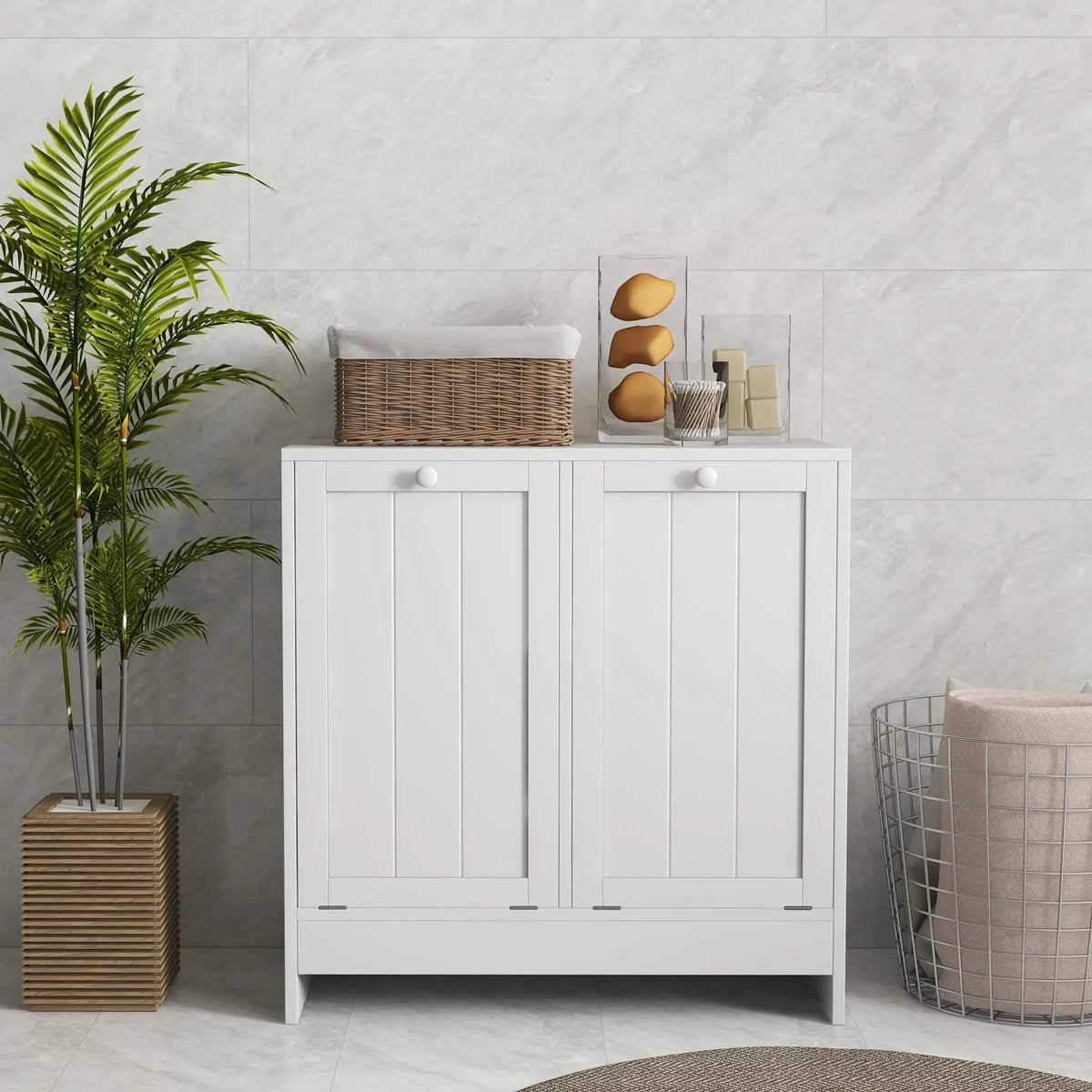 Tilt-Out Laundry Cabinet, 2 Compartment Hamper, White Bathroom Cabinets at Gallery Canada