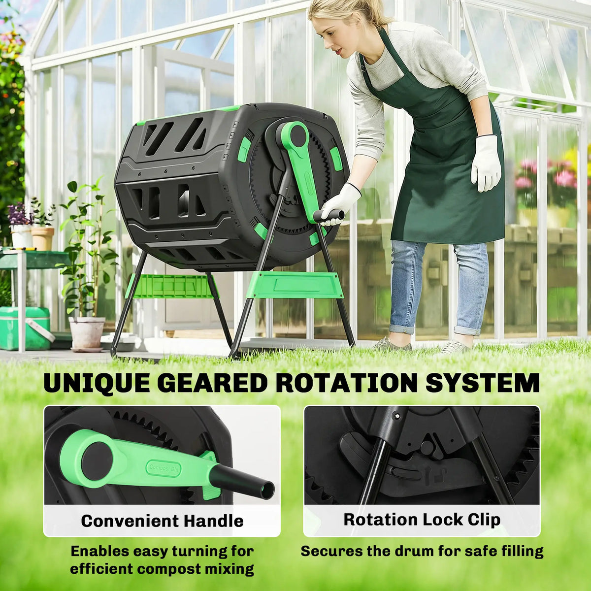 53 Gal Dual Chamber Tumbling Composter, Adjustable Vents, BPA Free, Green