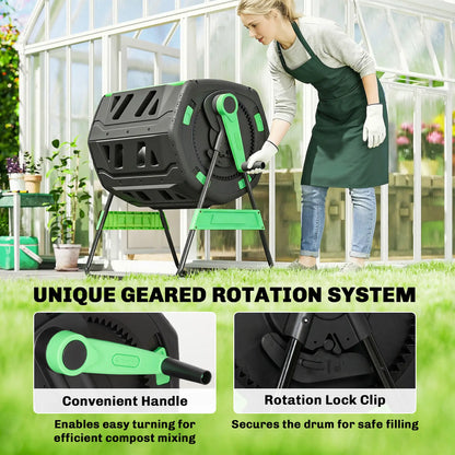 53 Gal Dual Chamber Tumbling Composter, Adjustable Vents, BPA Free, Green