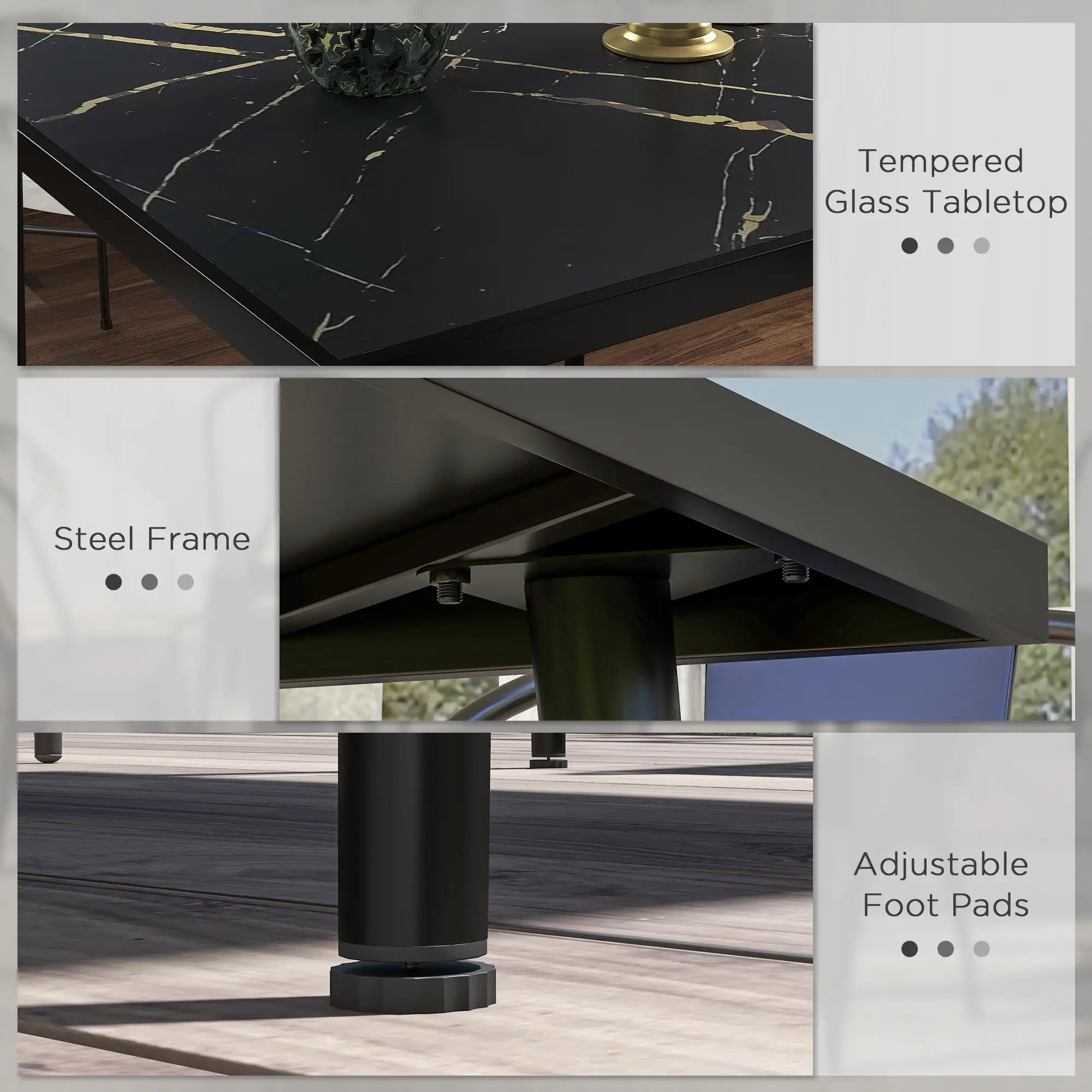 Square Patio Dining Table for 4, Marble Effect Glass Top, Steel Frame, Black Patio Dinning Tables at Gallery Canada