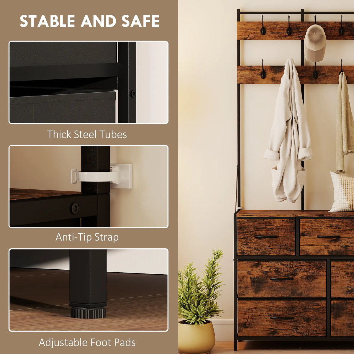 4-In-1 Coat Rack, 7 Drawer Fabric Dresser, Hall Tree 14 Hooks, Rustic Brown Clothing Storage at Gallery Canada
