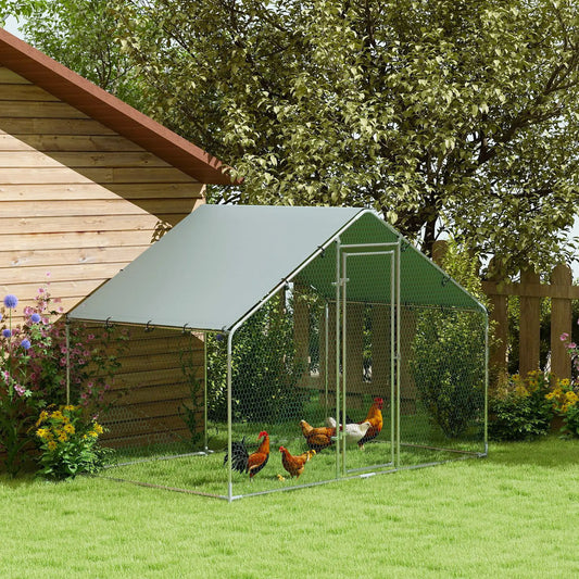 Metal Chicken Coop, 9.8 x 5.6 FT, Walk-In Run With Cover, Lockable Door Chicken Coops Silver at Gallery Canada