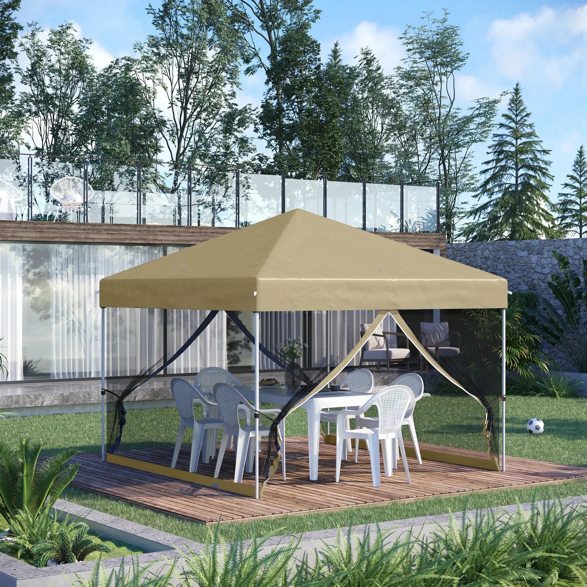 10' x 10' Pop-Up Party Tent, UPF50+ Outdoor Canopy, Mesh Sidewalls, Khaki Pop Up Canopies at Gallery Canada