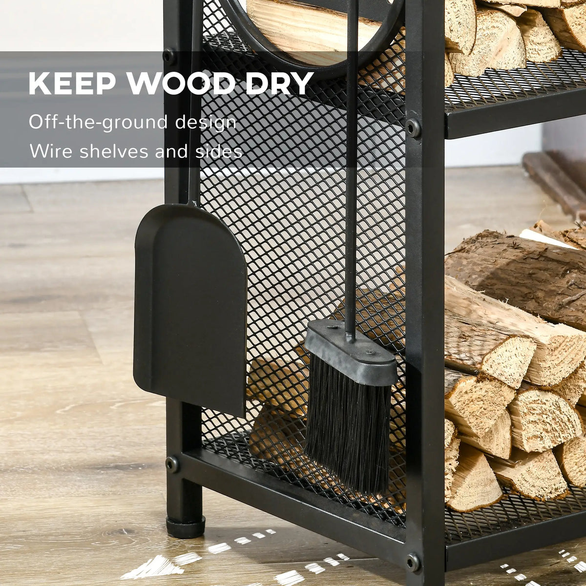 2-Tier Firewood Rack, Shovel, Broom, Poker, Tongs, 21.7" x 12.6" x 30.3", Black Firewood Racks at Gallery Canada