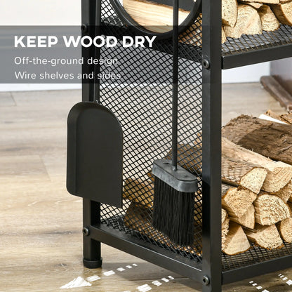 2-Tier Firewood Rack, Shovel, Broom, Poker, Tongs, 21.7" x 12.6" x 30.3", Black Firewood Racks at Gallery Canada