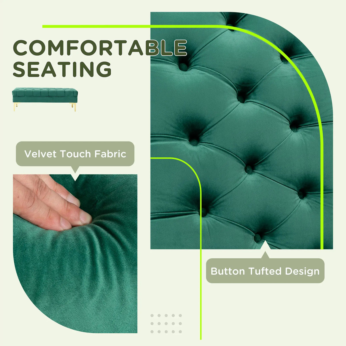Upholstered End of Bed Bench, Button Tufted, Dark Green Storage Ottomans & Benches at Gallery Canada