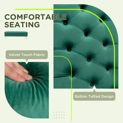Upholstered End of Bed Bench, Button Tufted, Dark Green Storage Ottomans & Benches at Gallery Canada