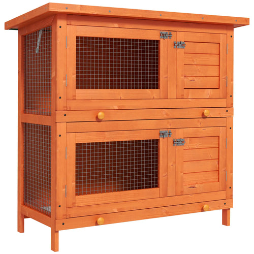 2-Tier Wooden Rabbit Hutch, Small Animal House, Bunny Pet Cage, 2 Rooms, Sliding Tray, Opening Top, Yellow