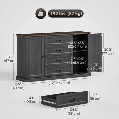 Farmhouse Sideboard with Charging Station, 58" Buffet Cabinet, Black Storage Cabinets at Gallery Canada