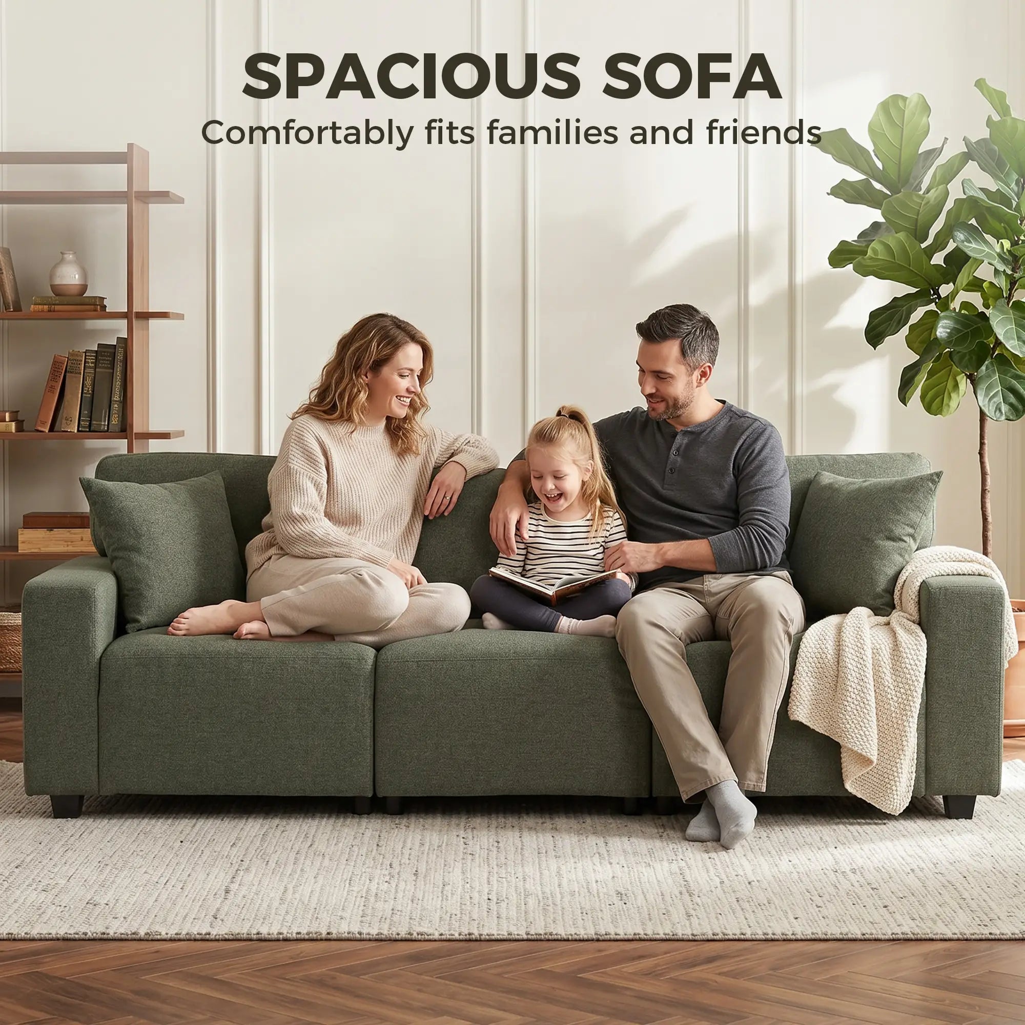 3 Seater Sofa With Storage Pockets, Modern Upholstered Couch, Green 3-Seater Sofas at Gallery Canada