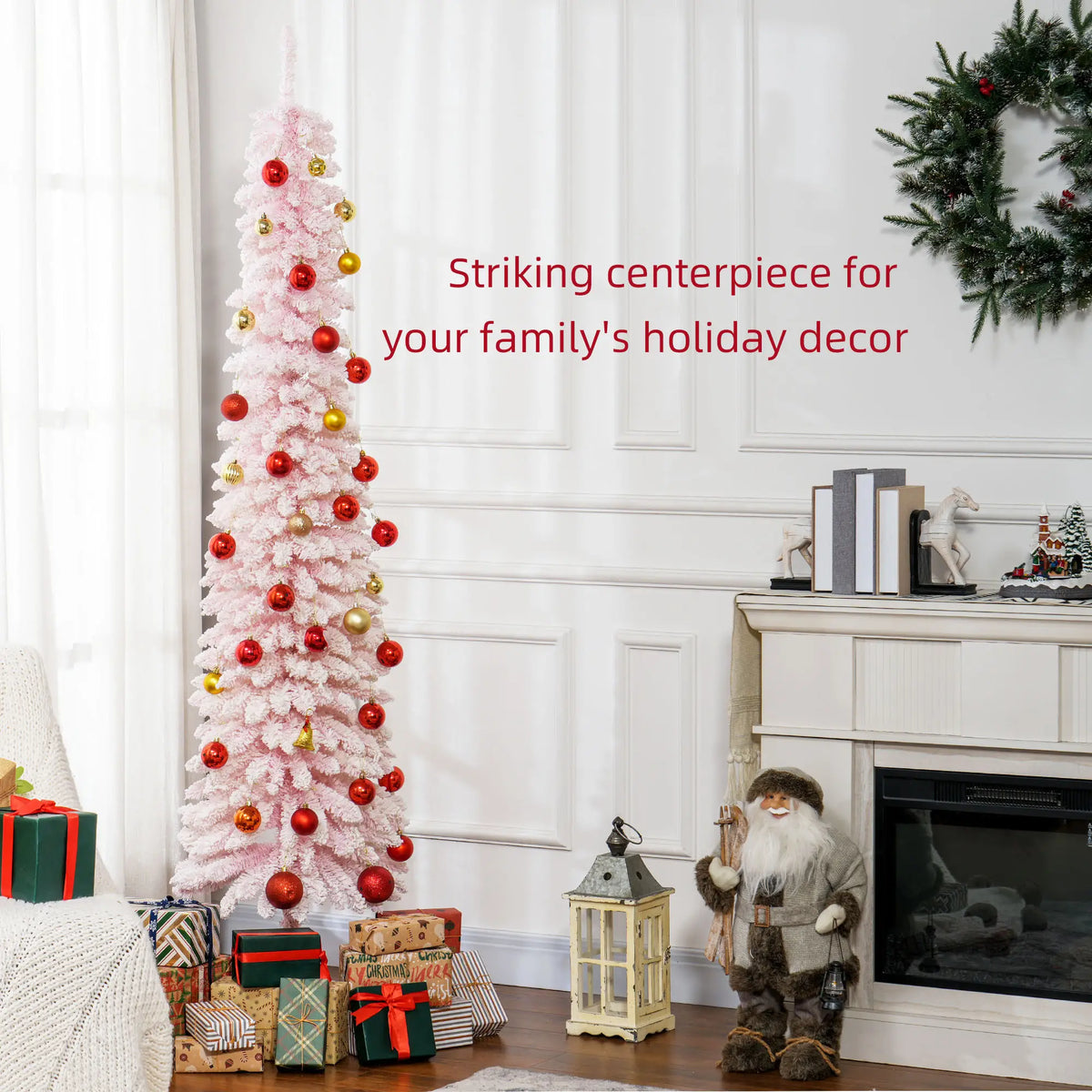 7ft Snow-Flocked Slim Pencil Christmas Tree, 490 Branches, Metal Base, Pink Flocked Christmas Trees at Gallery Canada