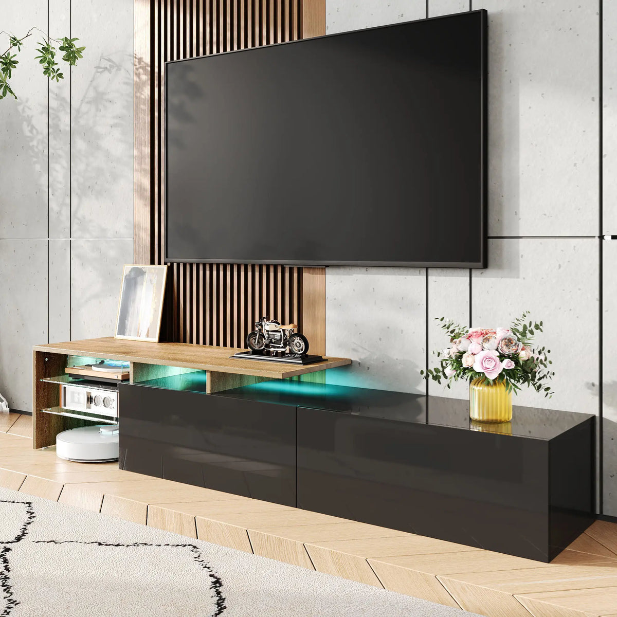 TV Cabinet With Glass Shelves, LED Lighting, 67" L x 13" W x 13" H, Natural, Black TV Stands at Gallery Canada