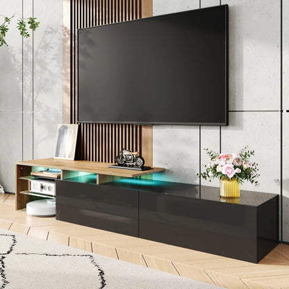 TV Cabinet With Glass Shelves, LED Lighting, 67" L x 13" W x 13" H, Natural, Black TV Stands at Gallery Canada