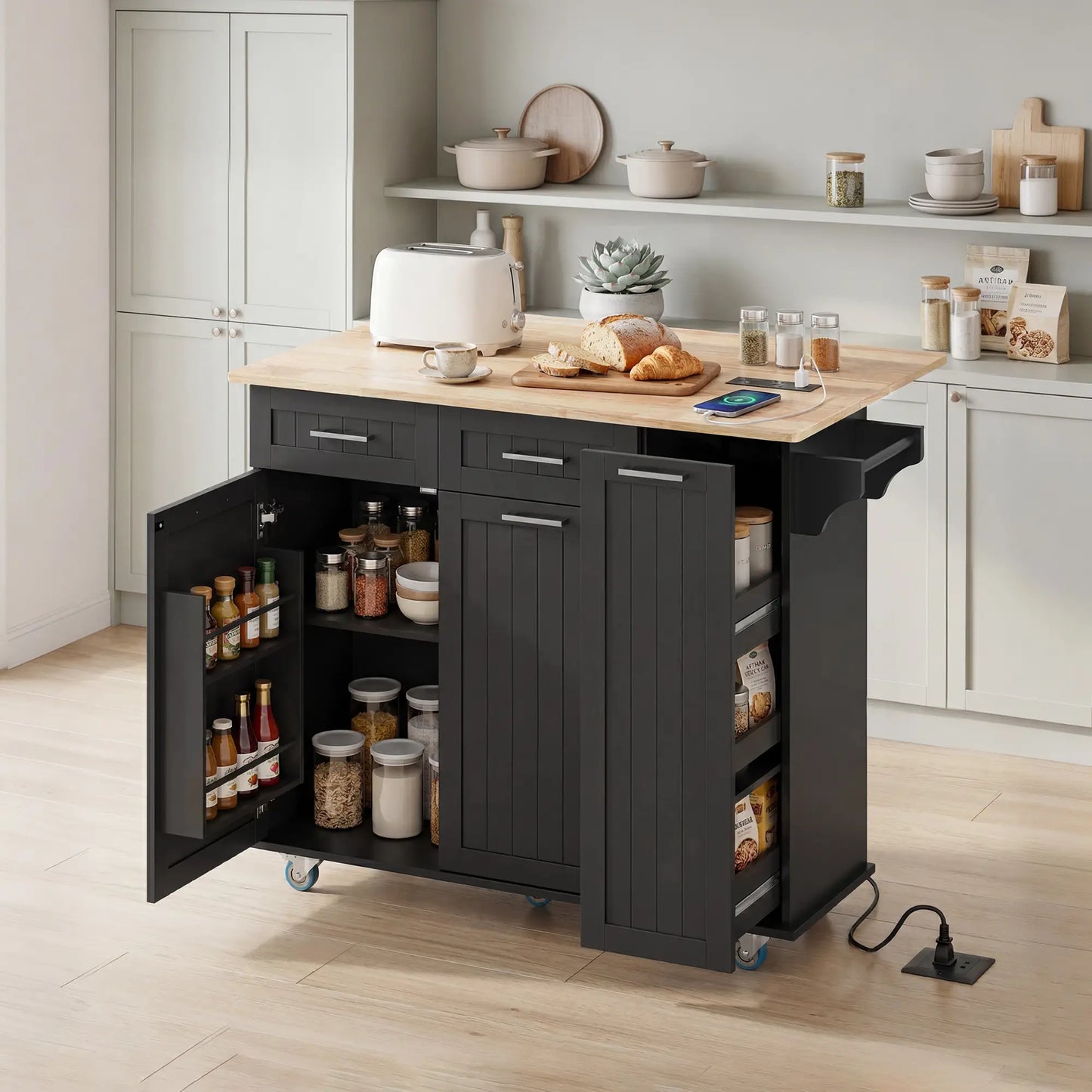 Rolling Kitchen Island With Drop Leaf, Charging Station, Black Kitchen Islands & Kitchen Carts at Gallery Canada