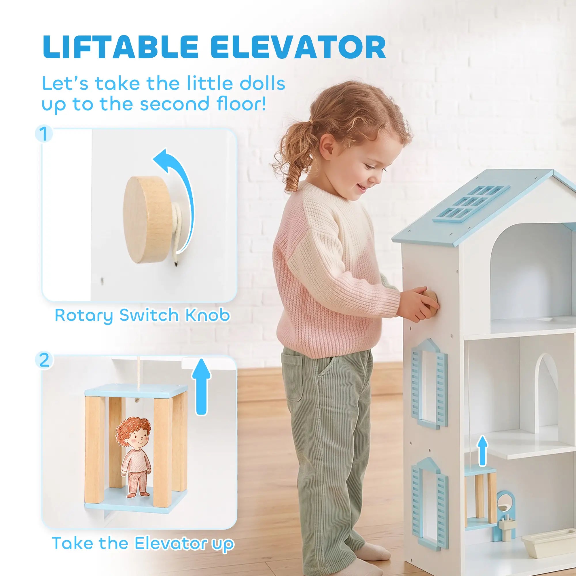 Wooden Doll House with Elevator, 5 Rooms, 13 Accessories, Blue Play Houses at Gallery Canada