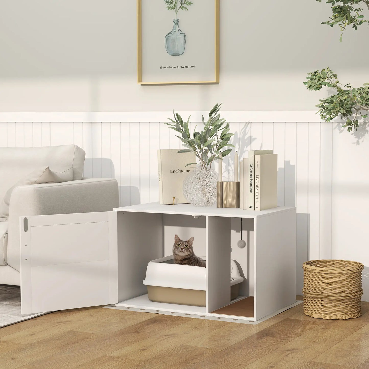 Cat Litter Box Enclosure, End Side Table with Rattan Door, Scratching Pad, White Cat Litter Box Enclosures at Gallery Canada