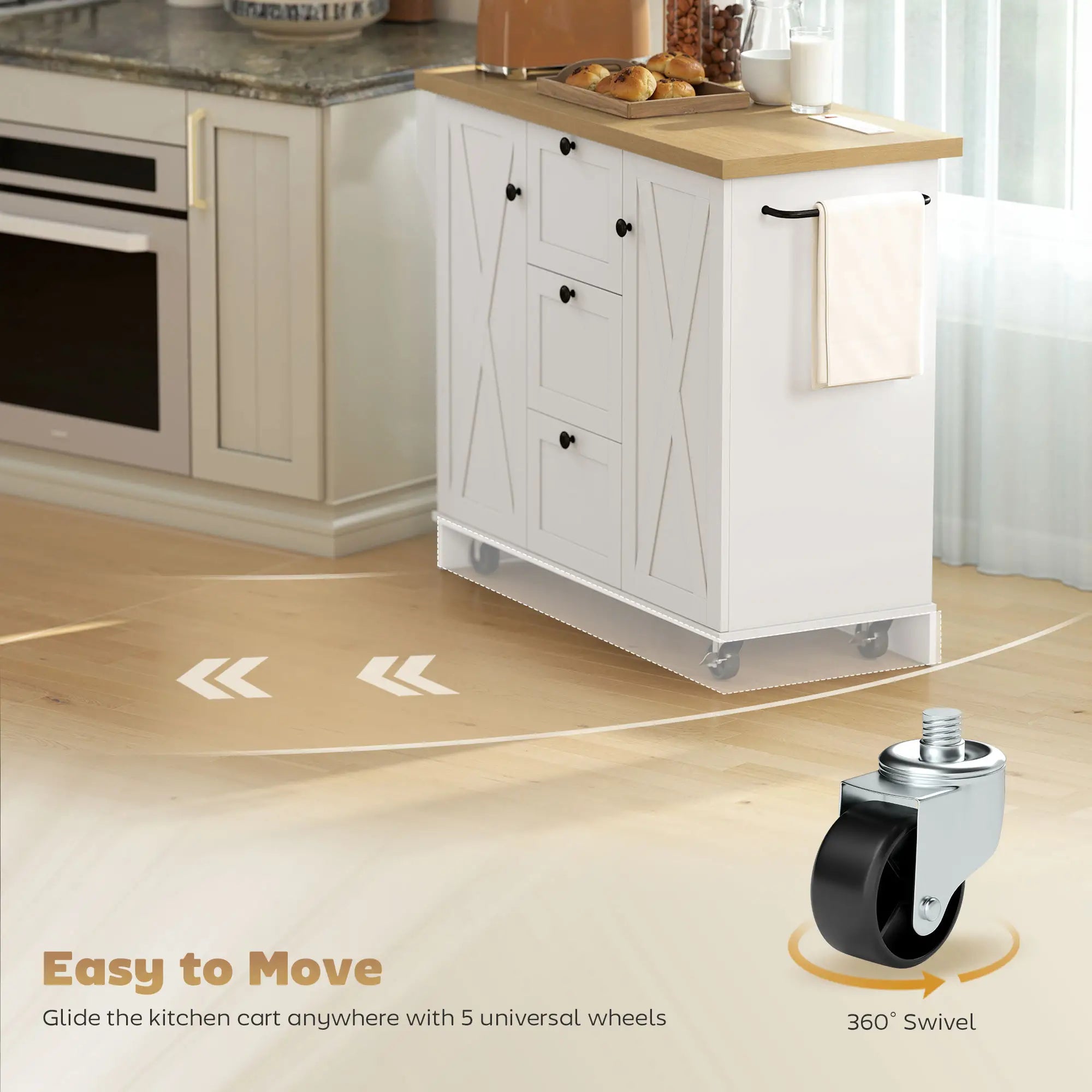 Farmhouse Kitchen Island Cart with Power Outlet, 49 Inch, White Kitchen Islands & Kitchen Carts at Gallery Canada