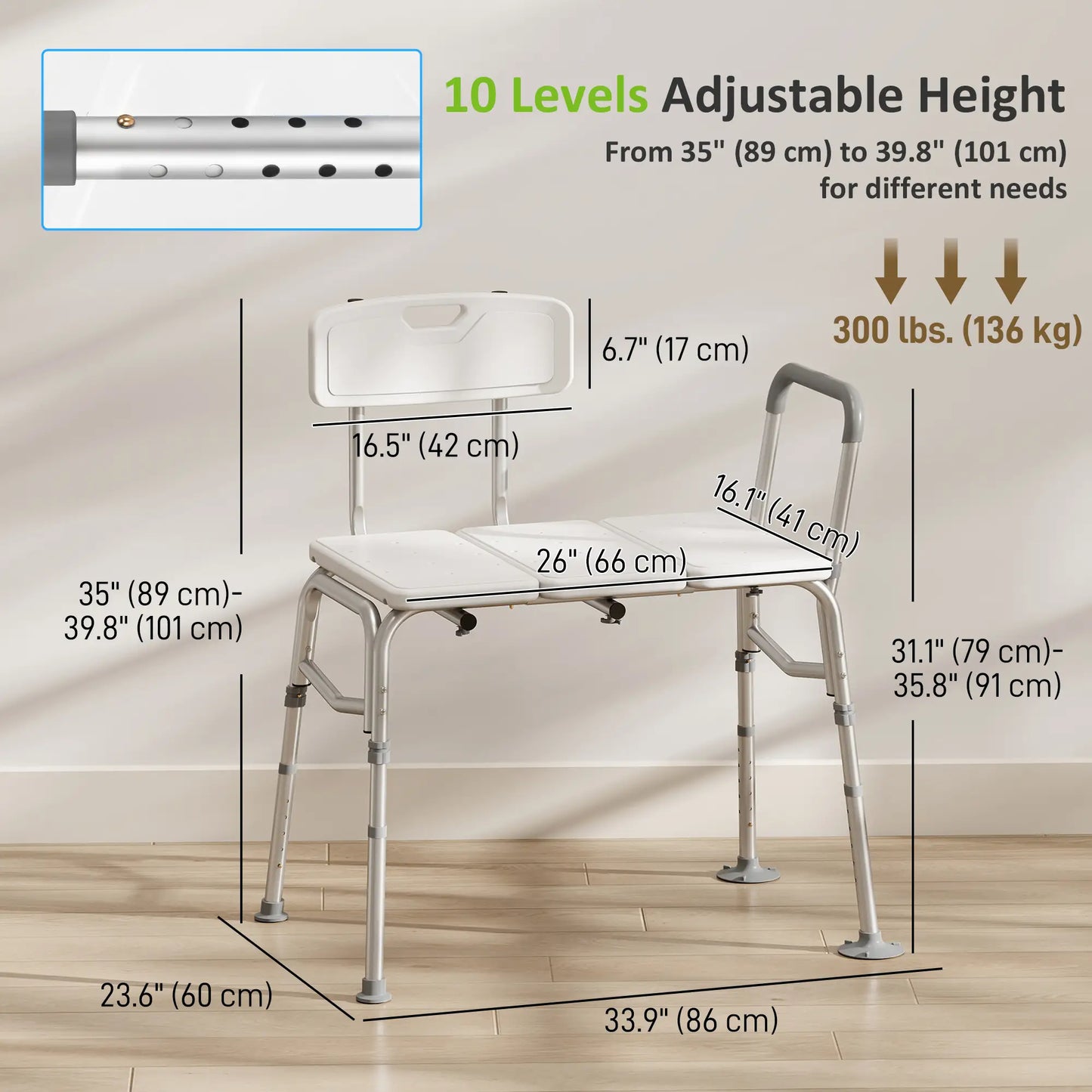 Banc de transfert pour baignoire avec accoudoir, dossier, chaise de douche, blanc