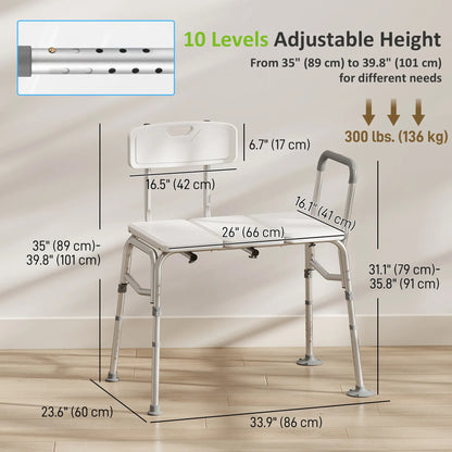 Banc de transfert pour baignoire avec accoudoir, dossier, chaise de douche, blanc