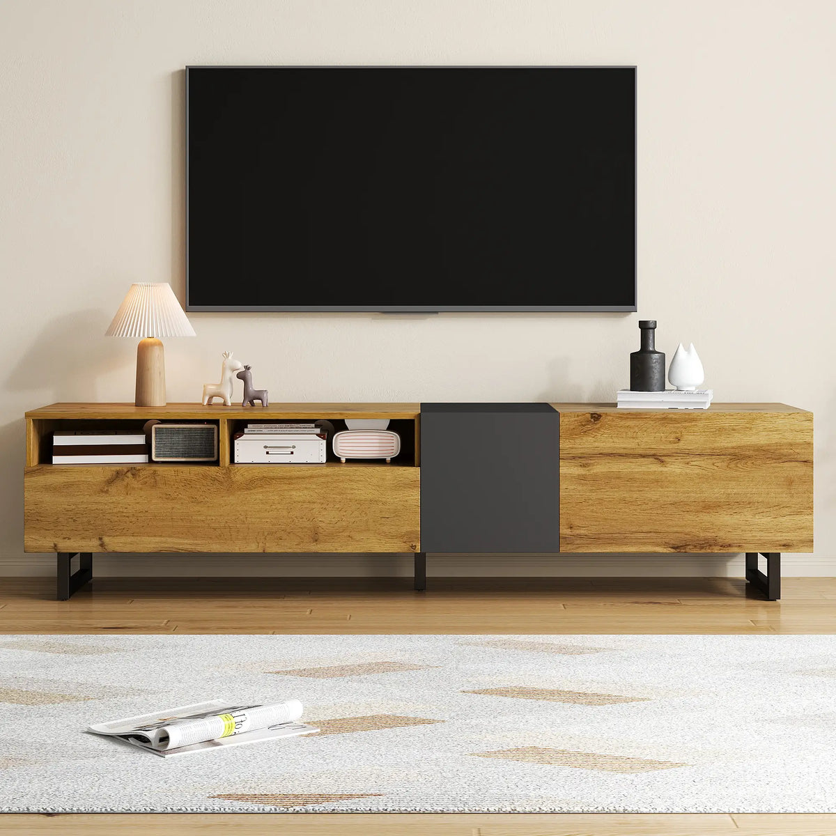 TV Stand, U-Shaped Metal Legs, 3 Doors, 2 Compartments, 67" L x 14" W x 16.5" H, Black+Natural TV Stands at Gallery Canada