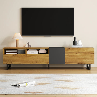 TV Stand, U-Shaped Metal Legs, 3 Doors, 2 Compartments, 67" L x 14" W x 16.5" H, Black+Natural TV Stands at Gallery Canada