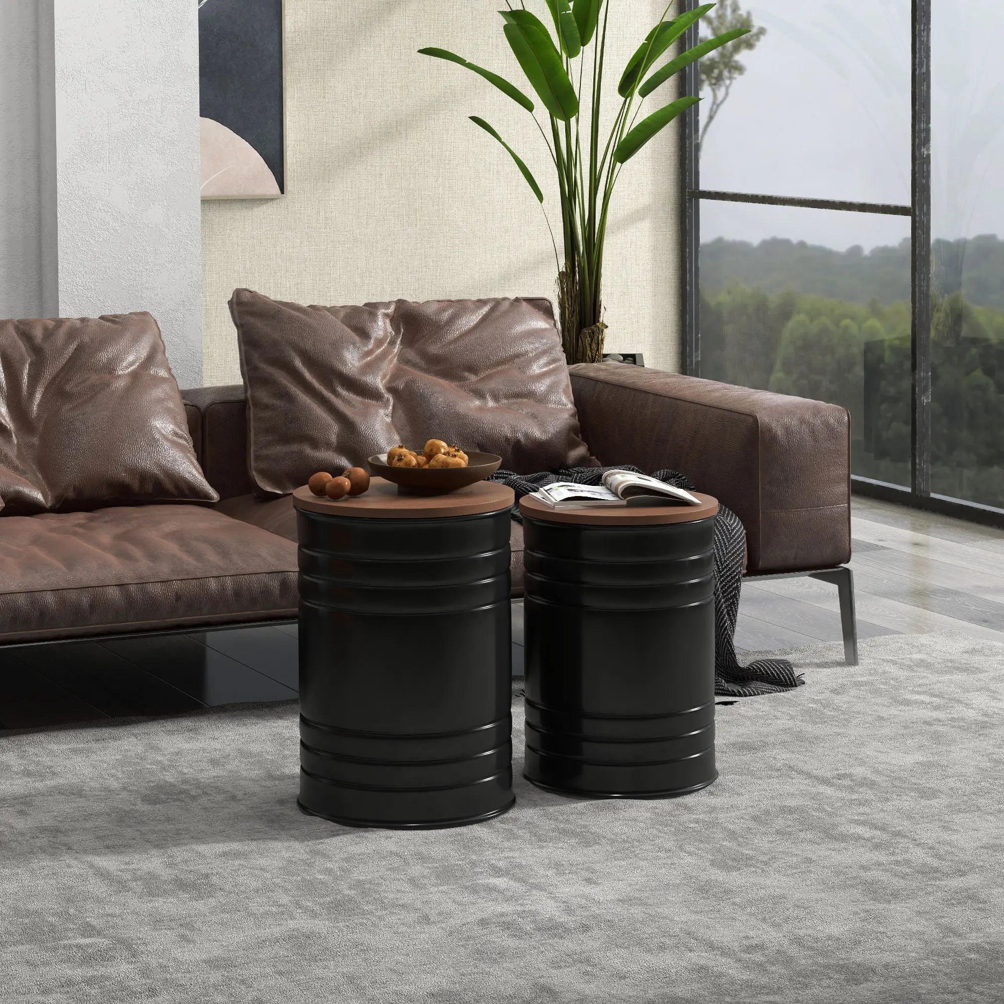 Round Side Table Set of 2, Nesting Coffee Tables, Wooden Lid, Metal Frame, Black Side Tables at Gallery Canada