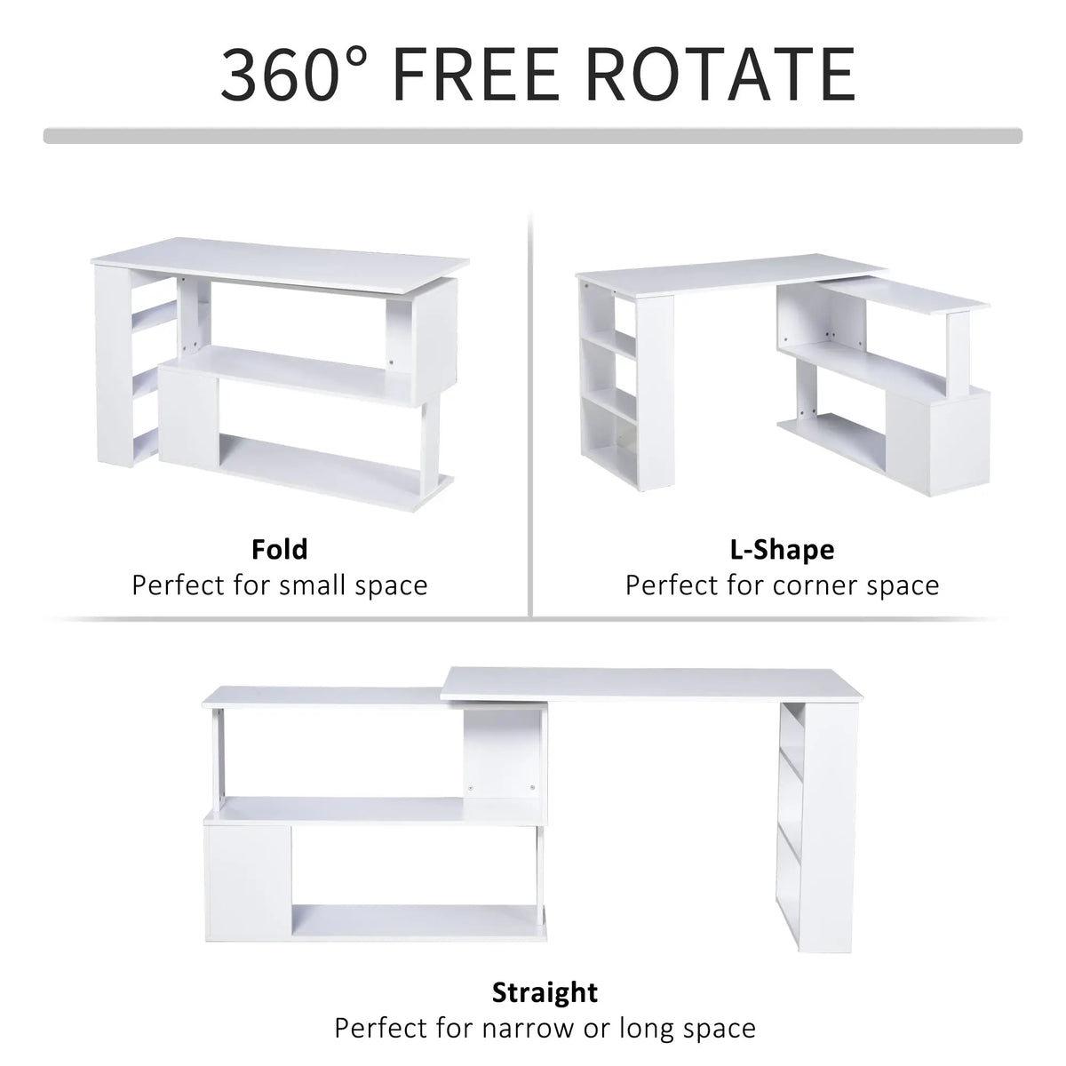 47" L Shaped Desk, Rotating Corner Desk, Reversible Workstation, White Writing Desks at Gallery Canada