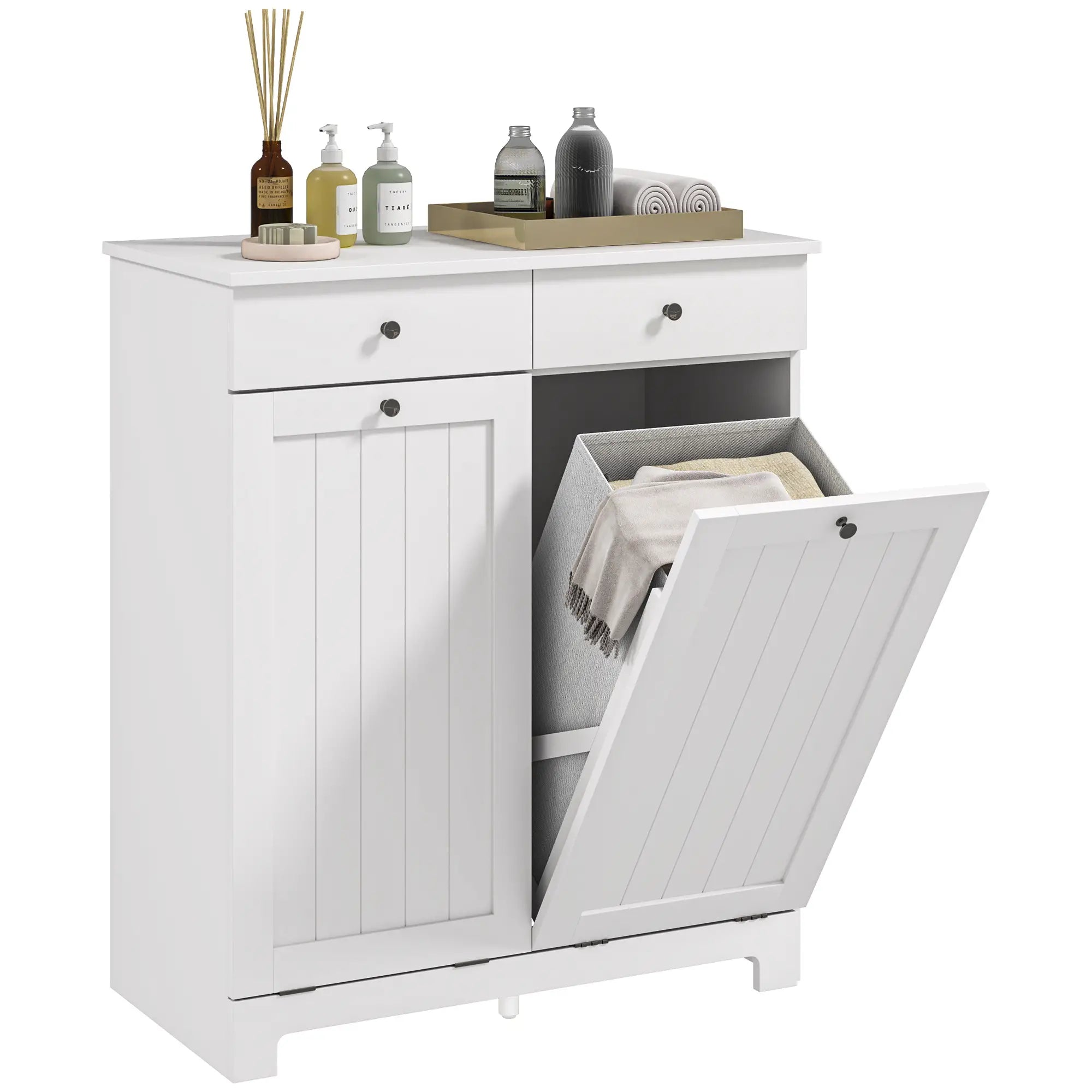 Laundry Cabinet, Tilt Out Hamper with 2 Baskets, 2 Drawers, White Bathroom Cabinets at Gallery Canada