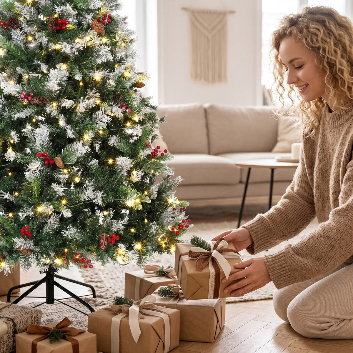 7ft Flocked Prelit Spruce Christmas Tree, Dual Colour, Remote, Hinged, Dual Colour Pencil Christmas Trees at Gallery Canada