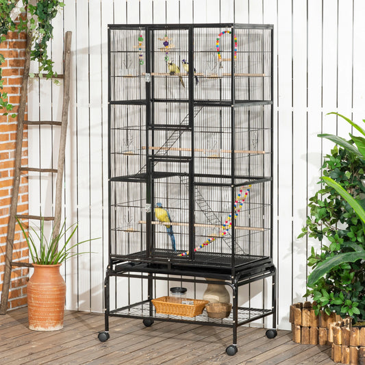 71" Bird Cage with Wheels, Perches, Ramp, Shelf, Toys, Black Bird Cages Black at Gallery Canada