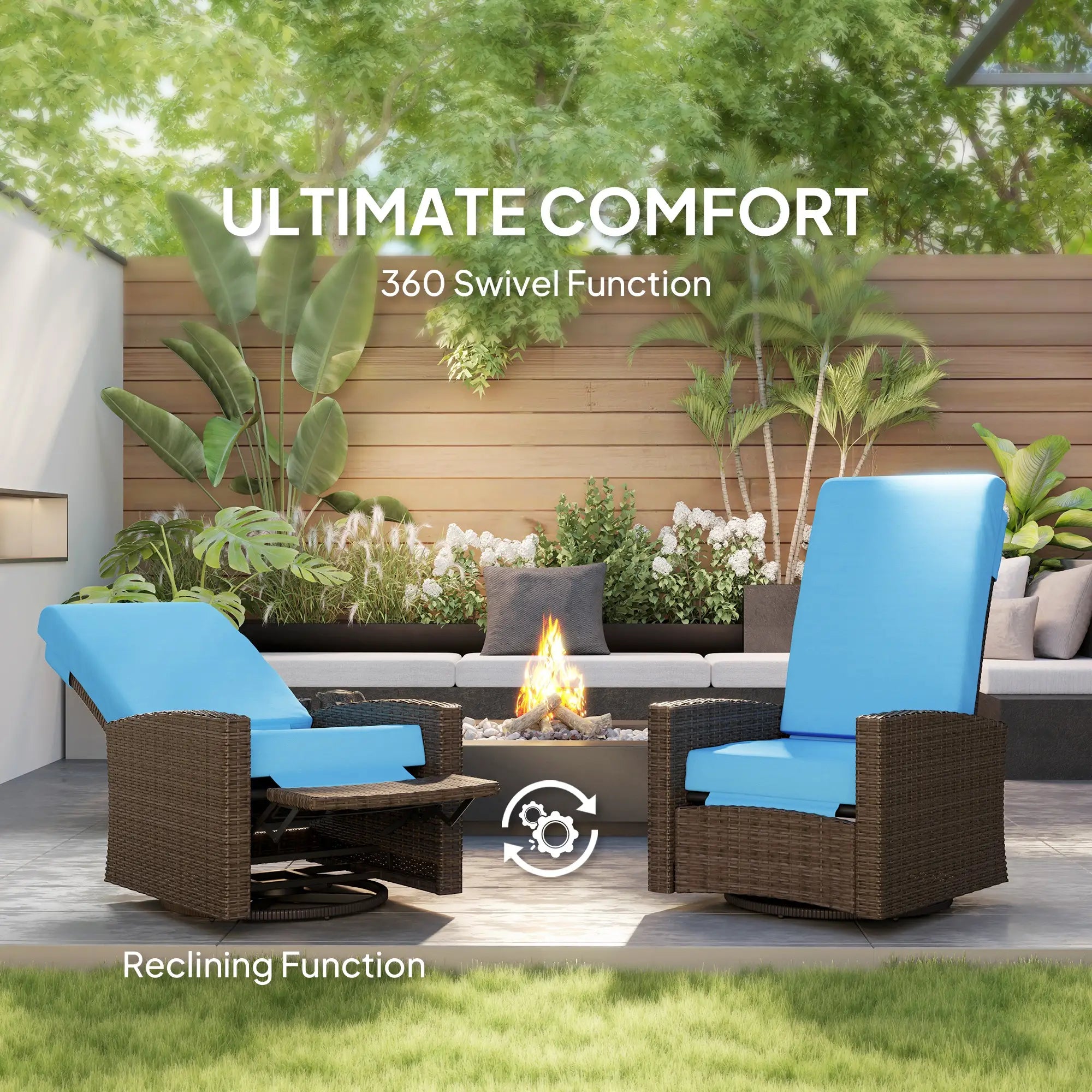 Outdoor Rattan Lounge Chair with Footrest, Soft Cushion, Sky Blue Patio Chairs at Gallery Canada