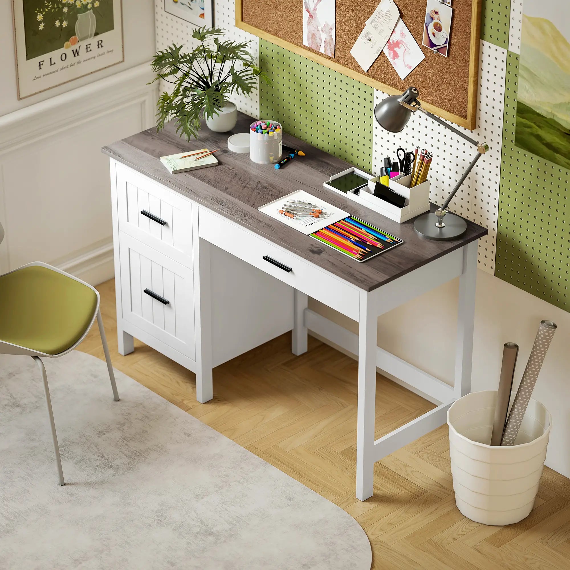 Farmhouse Computer Desk, 3 Drawers, Wood Grain Top, White Computer Desks at Gallery Canada
